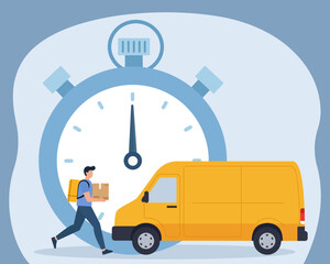 Flat Vector Illustration of a Running Courier with Package, Yellow Delivery Van, and Giant Stopwatch Symbolizing Fast Shipping, Express Delivery, Time Efficiency, Courier Service, Logistics Speed