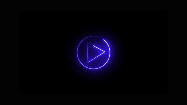 glowing neon pink color music play animation icon audio video tone song animated on black background .Glowing neon shine play button sign with neon circle animation. 