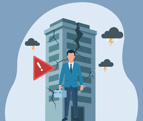 Businessman Amid Crumbling Skyscraper Crisis in Flat Vector Illustration, Corporate Instability, Business Risk, Economic Downturn, Warning Alert, Stormy Challenges
