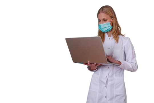 Female doctor wearing surgical face mask using laptop, providing telehealth consultation, transparent background