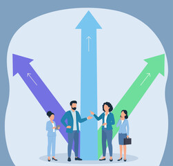 Flat Vector Illustration of Business Team Collaborating on Growth Strategies with Diverging Upward Arrows, Growth Direction, Team Collaboration, Strategic Choices, Upward Progress