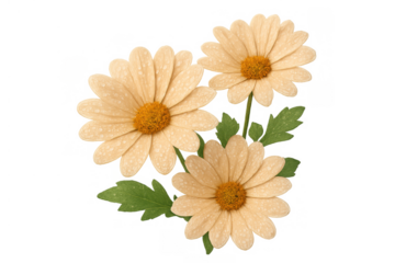 Beige daisies watercolor illustration with dew drops, botanical art on transparent background, spring floral motif