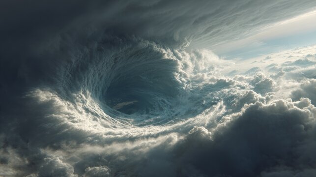Dramatic storm cloud vortex swirling above landscape from a high altitude