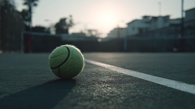 Tennis ball resting on the court, evoking a mood of quiet anticipation