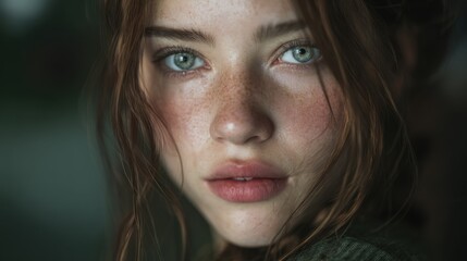 Intimate portrait of an ethereal beauty with striking freckles and green eyes