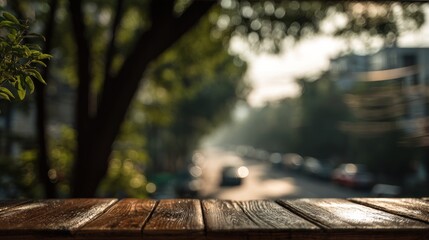 Rustic wood plank against urban street, blurred background in daytime