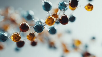 Abstract molecular structure visualization with interconnected colored spheres