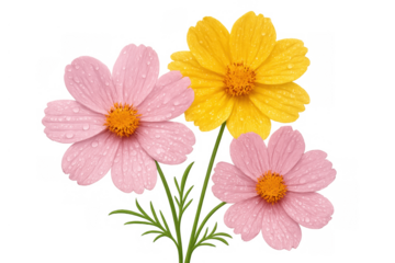 Cosmos bouquet featuring pink and yellow flowers with dew drops, fresh spring bloom, transparent background