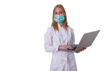 Female doctor wearing surgical mask holding laptop, working with medical technology and healthcare data, transparent background