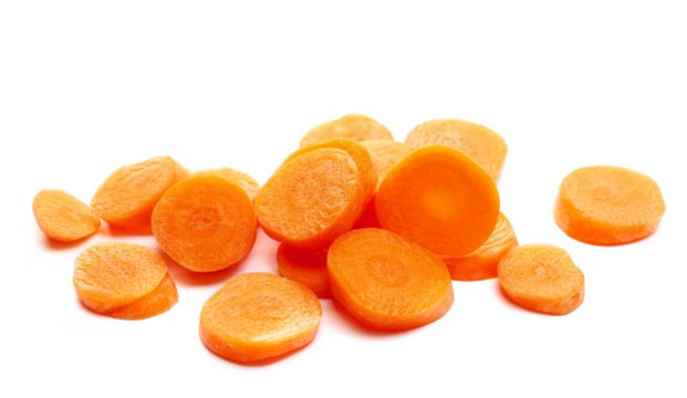 Pile fresh raw slices carrot isolated on white background, side view	