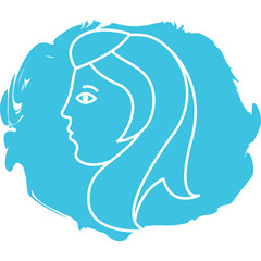 Abstract blue brush stroke with white outline of a woman's profile silhouette isolated on transparent background minimalist artistic representation