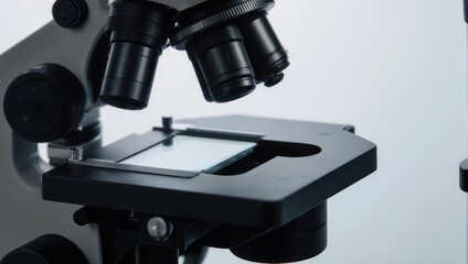 Close up of a laboratory microscope with a slide on the stage.