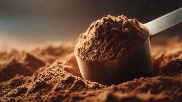 A high-detail close-up of a scoop filled with rich chocolate protein powder, focusing on the granulated texture and warm shadows for a luxurious tone