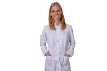Confident young woman in a white lab coat smiling, hands in pockets. Healthcare, medical, and scientific professional. Transparent background