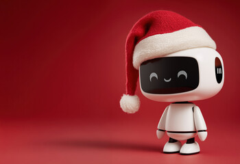 Happy white futuristic AI robot wearing Santa Claus hat for Christmas and smiling, copy space on red background