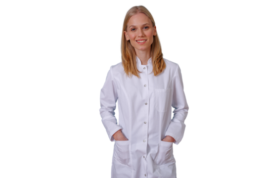 Confident young woman in a white lab coat smiling, hands in pockets. Healthcare, medical, and scientific professional. Transparent background