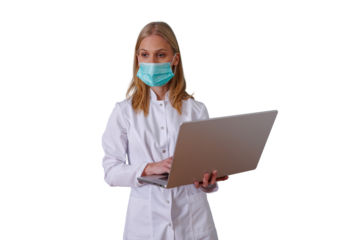 Medical professional woman wearing face mask and lab coat, using laptop for healthcare consultation, transparent background