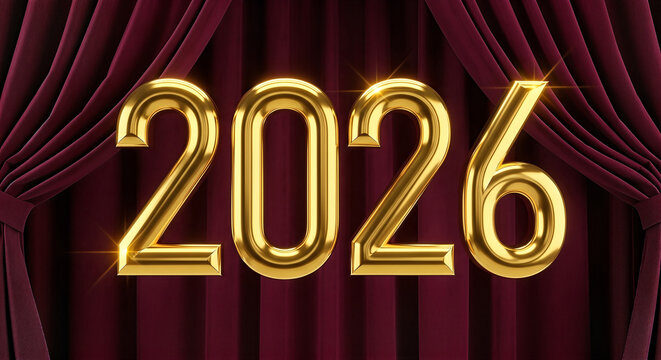 Golden 2026 New Year design element with elegant red velvet backdrop, creating a festive and celebratory atmosphere for future events.