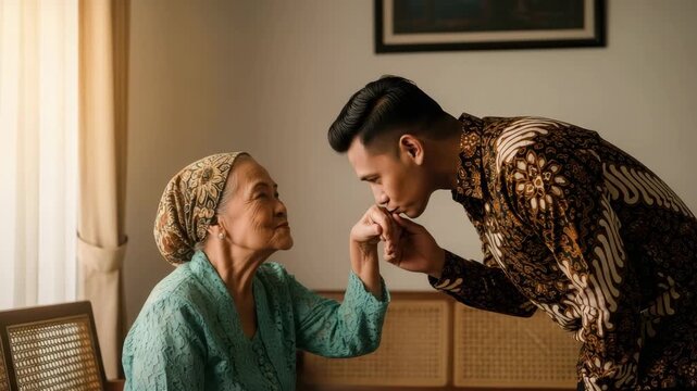 A young man kneels to kiss the hand of an elder woman, highlighting respect and cultural heritage