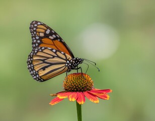 Monarch butterfly resting on a red and yellow flower.