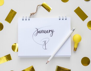 January 1st calendar page with confetti and pencil on a white surface.