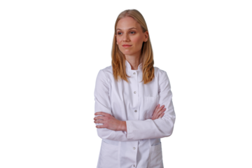 Blonde woman in white lab coat with crossed arms, looking away, reflecting on healthcare and medical research expertise on transparent background