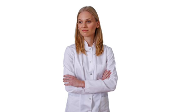 Blonde woman in white lab coat with crossed arms, looking away, reflecting on healthcare and medical research expertise on transparent background