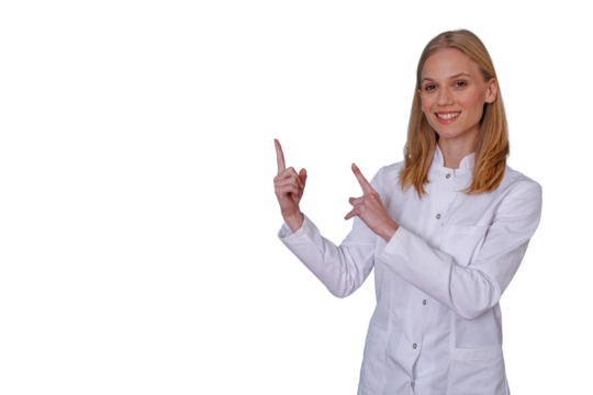 Confident female doctor in a lab coat pointing at empty space, showing a presentation, or advertising a medical product