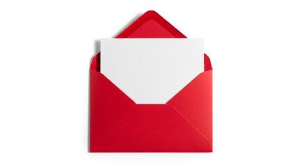 Red open envelope with blank card isolated on white background