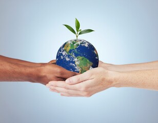 Two hands holding a globe with a plant growing on top, symbolizing environmental care.