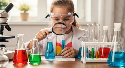 Young Scientist's Experiment: A curious young girl, clad in protective eyewear, focuses intensely on a colorful experiment in a science laboratory. Explore the wonder of scientific discovery!