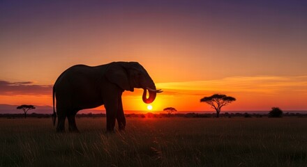 Naklejka premium Majestic Silhouette: An elephant stands as a silhouette against the breathtaking sunset over the African savannah, its presence a symbol of wilderness.