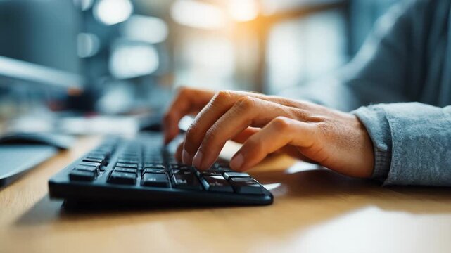 Focused professional efficiently entering data on a computer keyboard highlighting manual input speed and precision in a modern office setting.