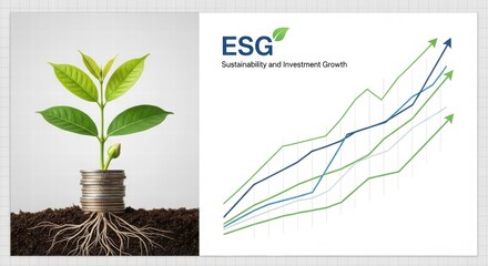 ESG and Green Growth: A conceptual visualization, combining a flourishing plant rooted in coins, with an upward trending graph indicating investment growth for sustainability.