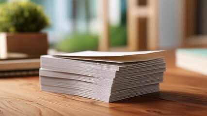 Medium shot capturing a stack of ecofriendly flyers on a wooden table illustrating sustainable paper materials and ecoconscious business promotions