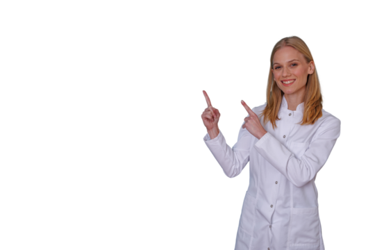 Professional woman doctor wearing lab coat, smiling, pointing away on transparent background, presenting ideas