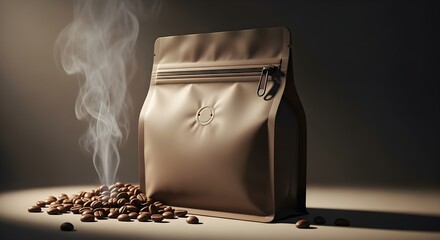 Aromatic coffee beans spill near a brown coffee bag with steam rising up around it