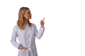 Woman doctor or scientist wearing a lab coat and pointing her finger up and to the right, presenting data or guidance