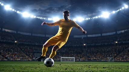 Professional Male Soccer Player in Bright Yellow Uniform Running and Dribbling the Ball on the Field of a Vast, Illuminated Stadium During an Intense Championship Night Match - Powered by Adobe