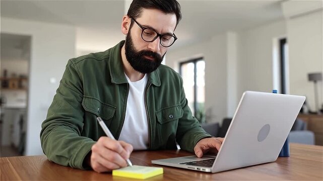 Focused Young Man with Beard and Glasses Working Remotely from Home on a Laptop, Taking Notes on a Sticky Pad During a Meeting or While Planning a New Business Project
