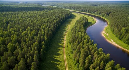 Green Canopy Serenity: An aerial view showcases a vibrant river winding through a vast forest, where dense emerald trees form a continuous canopy and embrace nature's beauty and calmness.
