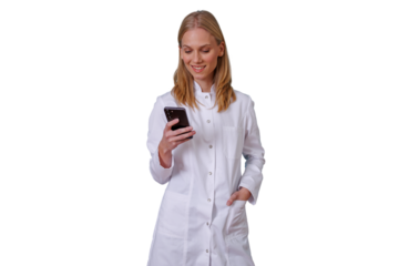 Medical professional standing, smiling while checking phone, connecting with digital health, modern communication in healthcare, transparent background