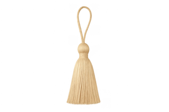 Beige ornamental tassel with loop handle on transparent background