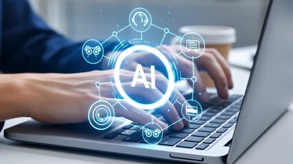 Hands Typing on a Laptop Keyboard with a Central Glowing AI Symbol Connected to Various Holographic Service Icons, Symbolizing Artificial Intelligence Used for Customer and Business Support