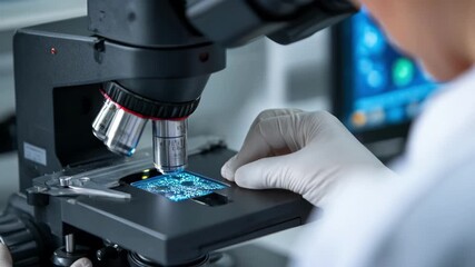 Closeup of technician adjusting digital microscope to analyze grain structures in metal samples under controlled lab conditions. - Powered by Adobe