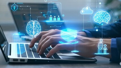 Hands Typing on a Laptop with a Complex Holographic Overlay of AI Brains, Cloud Storage, Data Boxes, and Business Icons, Symbolizing Machine Learning and Big Data Analytics - Powered by Adobe