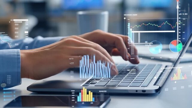 Hands Typing on a Laptop with a Complex Interface Overlay Displaying Numerous Holographic Financial Data Charts and Graphs, Symbolizing Big Data Analysis and Business Intelligence