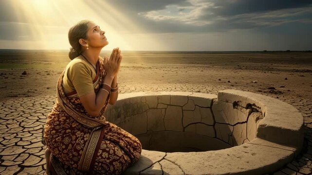 A woman kneels in prayer by a dry well in a barren area, illuminated by soft sunlight