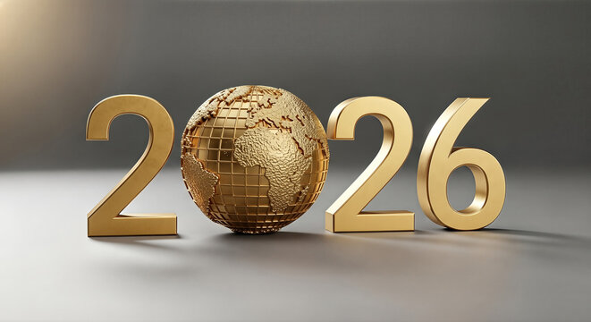Golden year of 2026 with earth globe, representing future prospects for global events and international collaborations in various sectors.