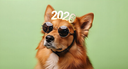 A charming dog anticipates the future with stylish eyewear and a celebratory 2026 headpiece, posing against a vibrant backdrop.